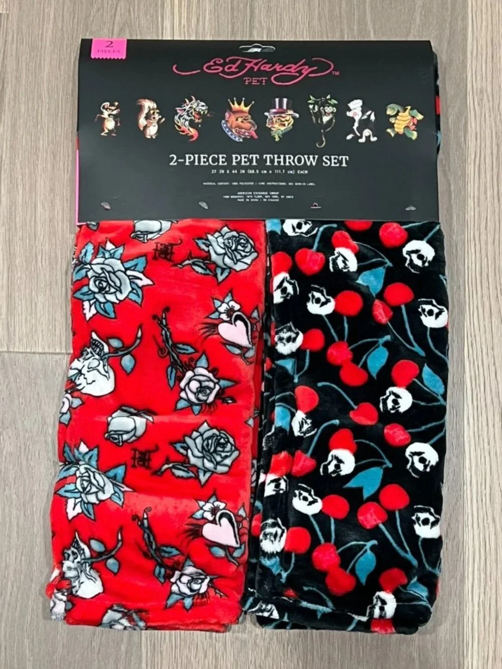 ED HARDY Pet Throw Blanket Set 27x44 Black Red Cherries Skulls Roses Y2K Dog NWT